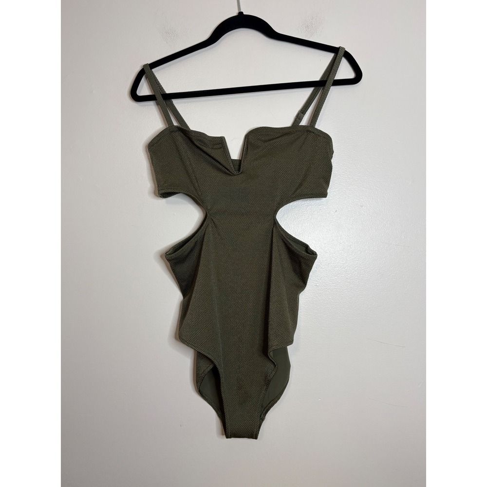 Aerie Real Good Olive Green Textured V-Wire Cut-Out One Piece Swimsuit Large - Picture 2 of 7